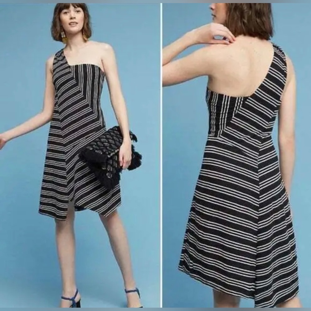 Maeve Black and White One-Shoulder Striped A-Line Dress